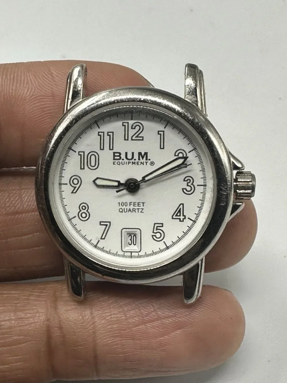 3/$30 B.U.M Watch Women No Band Silver Tone White Dial Date 27MM New Battery